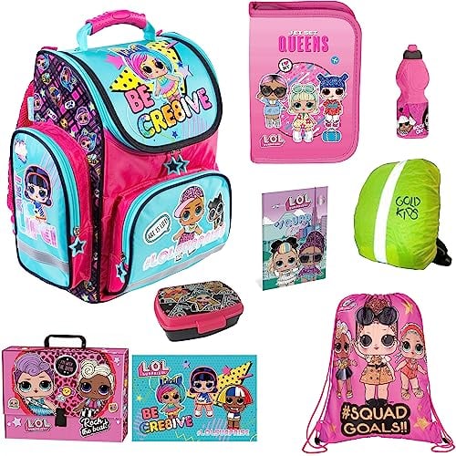 Goldkids 9-teiliges LOL Set Schulrucksack Ranzen Turnbeutel Brotdose Trinkflasche Aktentasche Federmappe Regenschutz Mädchen
