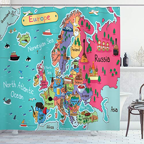 ABAKUHAUS Karte Duschvorhang, Cartoon Europa Karte Orientierungspunkt, Stoffliches Gewebe Badezimmerdekorationsset mit Haken, 175 x 180 cm, Rosa Türkis