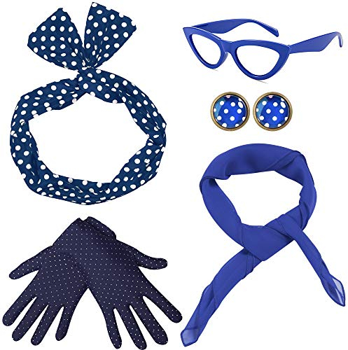 Coucoland 50er Jahre Rockabilly Kostüm Accessoires Damen 1950s Zubehör Set Inklusive Polka Dots Bandana Haarband Ohrringe Handschuhe Katzenaugen Sonnenbrille Chiffon Schal (Blau)