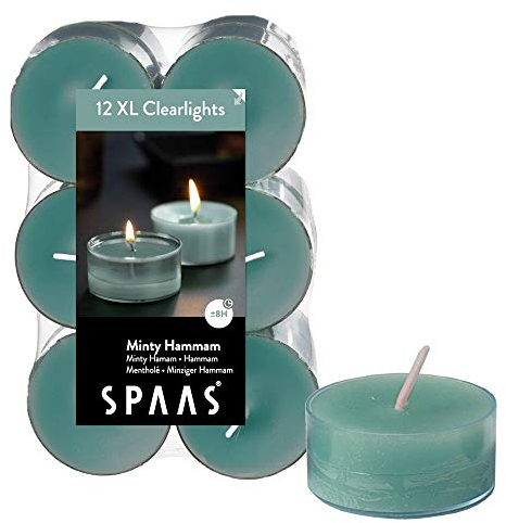 Spaas 12 Maxi Clearlights parfumées, Bougies Chauffe-Plats Cup Transparente, ± 8 Heures - Minty Hammam