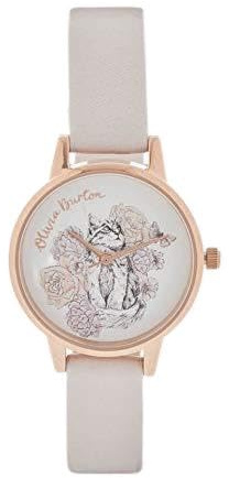 Olivia Burton Women's Illustrated Animal Motif Cat Watch - Gris Lilac/Rose Gold
