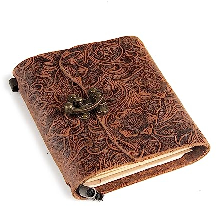 Scrodcat Leder-Tagebuch zum Schreiben, nachfüllbare Seiten, Leder-Tagebuch, blanko Papier, antikes handgefertigtes Ledergebunden, Schlossbuch (linke Blume) (braune Blume, 11 x 14 cm)