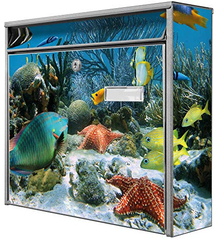 banjado® Burg-Wächter® Briefkasten mit Motiv Korallenriff 1 / Briefkasten ohne Zeitungsfach 32x36x10 cm groß/Briefkasten mit Namensschild A4 Einwurf inkl. Montagematerial & 2 Schlüsseln