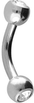 PIERCINGLINE Titan Banane 2 KRISTALLE Gebogener Piercing Stab Augenbraue Ohr Lippe Intim Brust Silberfarben 1,2 x 10 mm