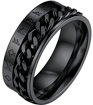 FaithHeart Schwarz Fingerring mit Rune Symbol Panzerkette Spinnerring zum drehen Punk Fingerring Partnerring Ehering für Valentinstag Weihnachten