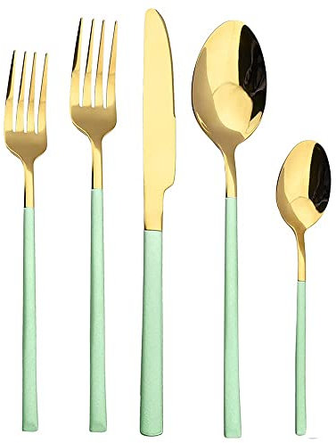 SHALOLY Cutlery Set 5Pcs Dinnerware Set Stainless Steel Tableware Set Knife Fork Spoon Dinner Set Black Gold Cutlery Set Kitchen Service for 6 (A) (Mint Green Gold)