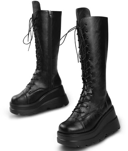Gothniero Women Black Platform Goth Boots Knee High Chunky Heel Gothic Boot Women Black Combat Motorcycle Booties Round Toe with Zip 3UK-8UK