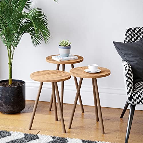 [en.casa] Satztisch Hjørring im 3er Set Kaffeetisch Rund Wohnzimmertisch Beistelltisch Couchtisch 49 x Ø34 cm Sofatisch Holzoptik