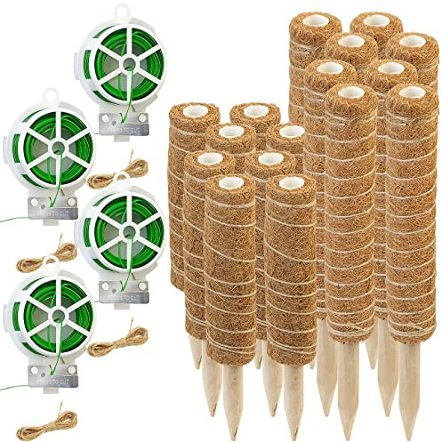 Royal Gardineer Pflanzenstab: 16er-Set Rankhilfen aus Kokosfaser & Holz, 2x40 cm, 2x30 cm,Juteschnur (Rankhilfen Zimmerpflanzen, Pflanzenstab Kokos, Wein)