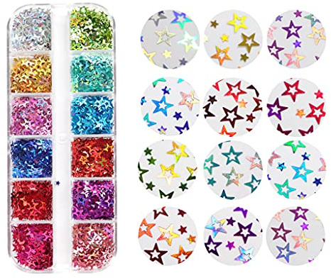 huwvqci 12 Grids/Box Holographic Glitter Hollow Stars Shape Sequins Epoxy Resin Filling