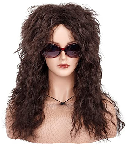 MEIRIYFA Herren 80er Jahre Perücke Lange Lockige Perücke Braun Rocker Punk Perücke Mullet Perücken für Halloween Kostüm Cosplay Party