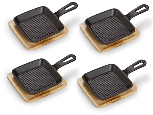 ECHTWERK Servierpfannen Set aus Gusseisen, Quadratische Auflaufform mit Servierbrett, Grillstreifen, Bereits eingebrannt, Für Backöfen, Grill und BBQ geeignet, Ideal zum Servieren, 4tlg