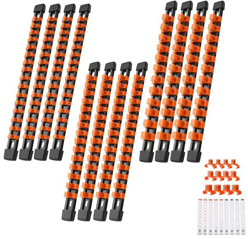 Reniteco 12-Pack Socket Organizer Set, 1/4 x 64 3/8 x 60 1/2 x 48 Clips | 172 Clip Capacity, Havy-Duty ABS Socket Rails, Removable Clips, Drive Socket Storage, Toolbox Drawer or Wall Mount