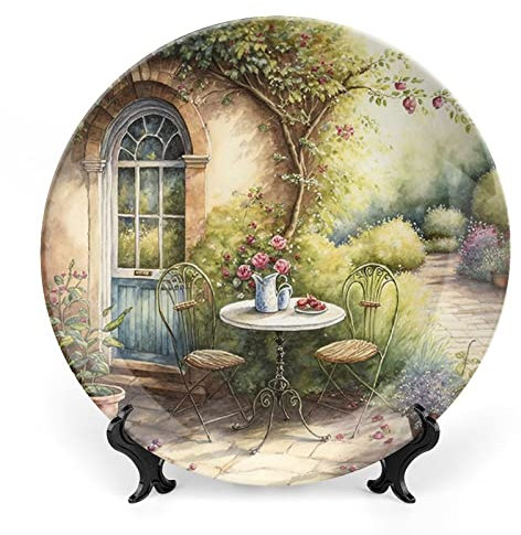 Assiettes décoratives pour décoration d'intérieur, aquarelle de jardin italien en céramique pour présentation de table, assiette ronde avec support, décoration de salon, salle à manger, cadeau de