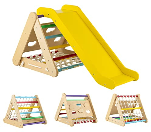 DREAMADE 4 IN 1 Kletterdreieck mit Rutsche und Kletternetz, Holzdreieck Kletterspielzeug aus Holz, Indoor Klettergerüst zum Rutschen und Klettern für Kinder ab 1 Jahr (Bunt)