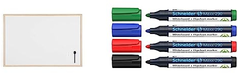 Bi-Office Budget Whiteboard mit Holzrahmen, magnetisch, 5 Größen wählbar, 90 x 60 cm & Schneider Maxx 290 Marker Etui mit 4 Farben