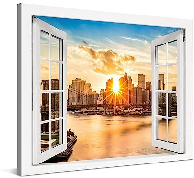 PICANOVA – Leinwandbild 100x75cm Manhattan New York Sonnenuntergang Fenster – Leinwanddruck – Wandbild Kunstdruck Auf 2cm Holz-Keilrahmen Für Schlaf- Und Wohnzimmer Wanddekoration – Bild auf Leinwand