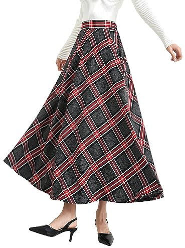 Rock Damen Lang Hohe Taille Karierter Winterrock Vintage Elegant Plaid Warm Maxi Röcke Retro Elastische Taille A Linie Casual Party Midi Faltenrock Red L