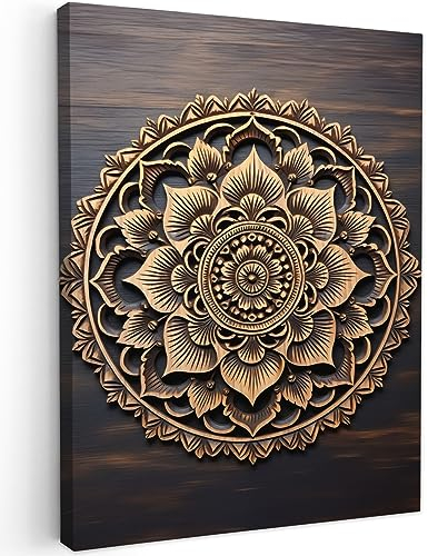 MuchoWow© Bild auf Leinwand 60x80 cm Schlafzimmer Bilder Wand Deko Wohnzimmer Modern Wanddeko Bilderwand Geschenk Mandala - Holz - Blumen - Braun