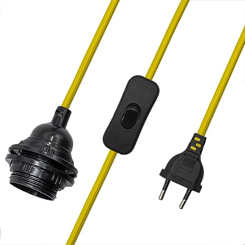 CABLEPELADO Portalampada E27 con interruttore, adattatore lampada E27, base per lampadina E27, spina + interruttore on/off, cavo 2 metri, attacco E27, design vintage, cavo intrecciato, giallo