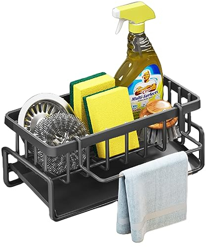 youjia Organizador de Fregadero Cocina de Acero Inoxidable Soporte de Esponja con Bandeja Organizador Sink Caddy con Toallero Extraíble Accesorios de Cocina