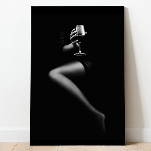 Schwarz-Weiße Frauen-Silhouette Wandkunst - Weiblicher Körper Leinwand, Trinkender Wein Poster, Bilder, Schwarz-Weiß-Fotografie-Drucke, Körpermalerei, Weinkunst