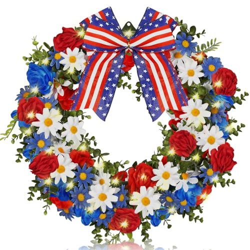 Crowye 18 Inch Patriotic American Wreath 4th of July Independence Day Wreath Red White Blue Wreath for Front Door Memorial Day Independence Day Bow Wreath for Home Window Door Decoration