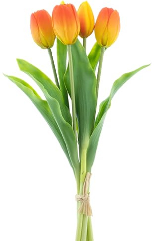 mucplants künstliche Tulpen Holland ca. 36cm Tulpenbündel mit 3 Tulpen und 2 Tulpenknospen real Touch (Orange-rot)