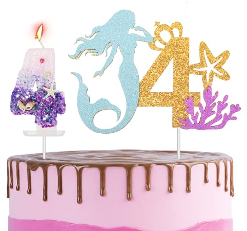 Mermaid 4th Birthday Cake Topper with Number Candle 4 Sparkling Candles Cake Decorations for Girls,Happy 4th Birthday Mermaid Theme Party Candles Cake Cupcake Topper for Girls Boys 4th Birthday