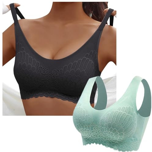 Sunnyuk 2er Pack BH Damen Ohne Bügel Push Up Seamless Komfort Sport BH Gepolstert Spitzen Bra Weich Nahtlos Stretch Bustier Mittel Halt Bügelloser Schlaf BH Klassische Top für Alltag Yoga Damen