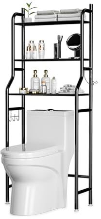 BTGGG 3 Tiers Over Toilet Storage Rack with Removable 2 Hooks Drum Washing Machine Storage Freestanding Laundry Shelf Organizer Multipurpose Metal Bathroom Organizer Rack, Black