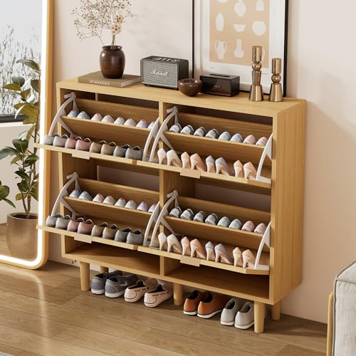 Goeria Schuhschrank mit 4 Klappschubladen, Schuhkommode aus Rattan mit Metallgriffen, Schuhregal für Flur, Wohnung, Schlafzimmer, Holzmöbel, Landhausstil, Maße: 100 x 25 x 90 cm