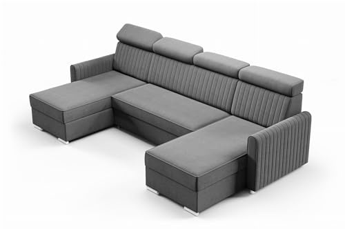 LIKMA Grau Ecksofa Neli mit Schlaffunktion und Bettkasten 274 x 91 x 162 cm, Sofa U-Form, Schlafsofa, Verstellbare Kopfstützen, Wohnlandschaft, Schlafcouch, Moderne Sofas & Couches Stoff: Cloud 91