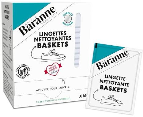 Baranne Lingettes Nettoyantes Baskets| Nettoient et respectent les baskets | Tous types de baskets | Fibres d'origine naturelle | Surface alvéolée | x16 Lingettes
