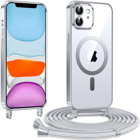 Kokio Coque pour iPhone 11 avec Cordon, Etui à Transparente Housse Compatible avec MagSafe, Antichoc Protection Coque pour Magnétique avec Réglable Collier,Argent