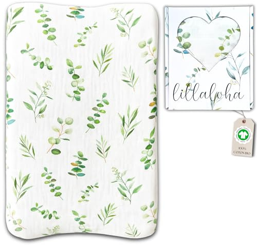 Lillaloha | Housse Matelas à Langer 50x70cm Extensible - 100% Gaze de Coton Bio GOTS, Idéal Peaux Sensibles, Ultra Doux et Respirant – Coffret Cadeau de Naissance – Motif Eucalyptus, Mixte
