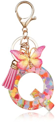 OSDUE Porte-clés pour Fille Lettre,Porte-clés pour Femme avec Lettre Initiale Lettre en Résine avec pendentif papillon et pampille pour Femmes Filles Portefeuilles Sac à Main Charm,Q