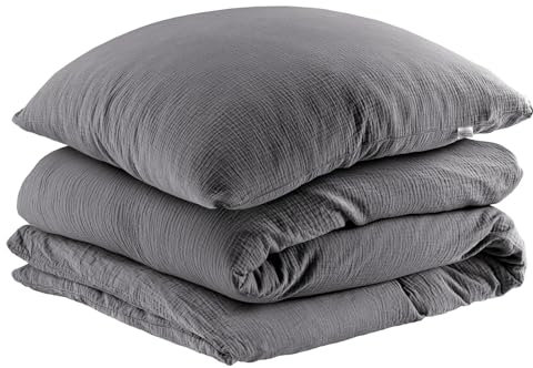 Pure Label Musselin Bettwäsche 135x200 cm mit einem Kissenbezug 80x80 cm aus 100% Baumwolle - Traumhaft weiche, kuschelige Bettwäsche-Sets in anthrazit aus Musselin