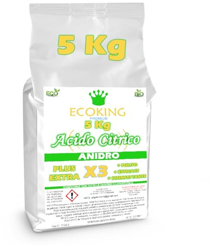 ECOKING Acido Citrico 5 kg - Naturale, Versatile e Biodegradabile, 100% Puro per Pulizia Calcare, Anticalcare per Lavatrice e Brillantante Ecologico