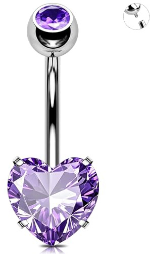 OUFER 14G Cuore Piercing Ombelico Internamente Filettato Barra Piercing Navel Titanio G23 Piercing Ombelico Anello CZ Viola 8/10/12/14/16 mm Piercing Ombelico Cerchio Per Donna