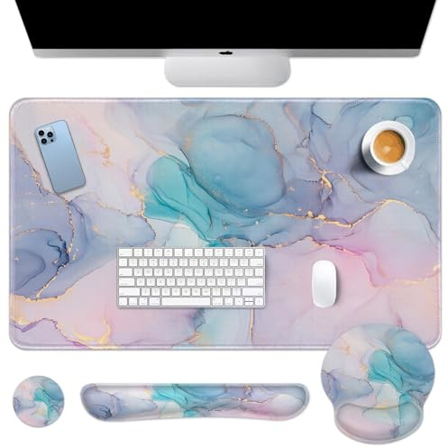 Arttown Ensemble de tapis de souris 4 en 1 en marbre rose, bleu, vert, violet, doré, design ergonomique, grand tapis de souris + repose-poignet pour clavier + repose-poignet + dessous de verre pour la