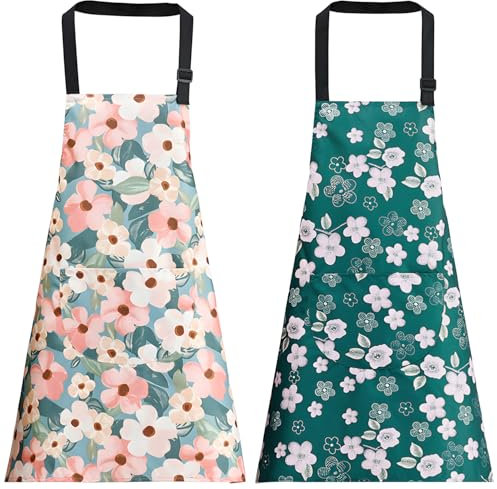 OWill Grembiule da Cucina 2 Pezzi Grembiuli Floreali Donna Regolabile Grembiuli con Tasche per Cucinare, Cuocere al Forno, Giardinaggio, Grembiule Cucina Impermeabili e Oleo-Repellenti Per Donne