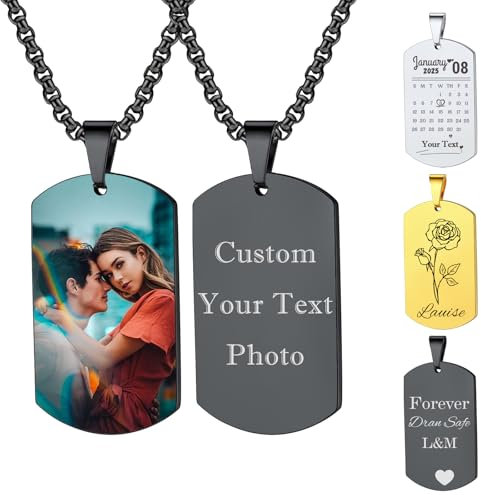 Menore Personalised Dog Tags for Men, Dog Tag Necklace, Custom Stainless Steel Necklace, Engraved Photo Text Necklace Pendant Chain, Personalised Gifts for Women Men Dad Mom Girlfriend Boyfriend