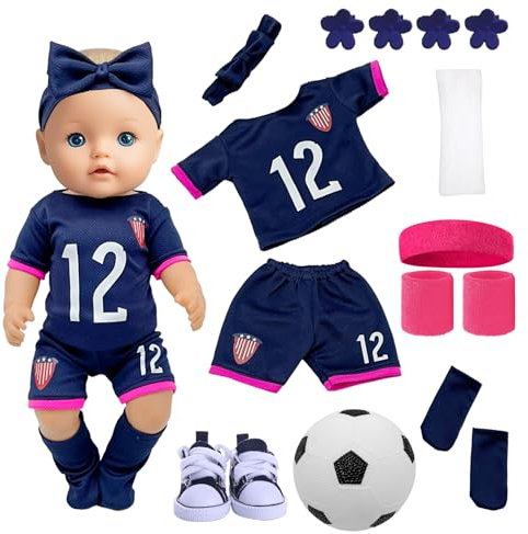 Puppenkleidung Kompatibel mit 35-43 cm New Born Baby Puppen, Fußball Baby Kleidung mit Kurzen Ärmeln Shorts Stirnband Ballspiel Schuhe Haarspangen Ärmel für 14-18 Zoll Baby Puppen Kinder Geburtstag
