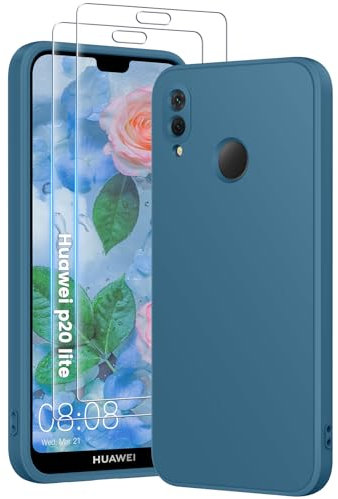 PuyaTeya 3 in 1 Hülle für Huawei p20 lite, mit 2 Stück 9H Panzerglas Premium Liquid Silikon Hülle, mit 4-Layer stoßfeste abriebfestes, Soft Mikrofaserfutter Kratzfes Schutzhülle (bei Nacht Blue)