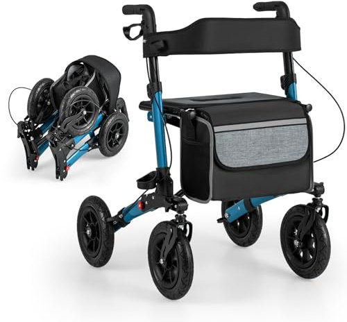 HOMASIS 2 in 1 Rollstuhl Rollator faltbar & leicht mit Sitz, Gehhilfe 7-fach höhenverstellbar, Aluminiu Gehwagen für Senioren, Reiserollator Laufhilfe mit Stockhalter, Tasche, bis zu 140 kg (Blau)