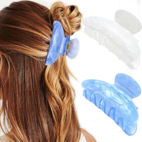 Reaky Pinces à cheveux en acrylique rose, mignonnes, pinces à cheveux de taille moyenne, accessoires de cheveux pour femmes (bleu lac + blanc)