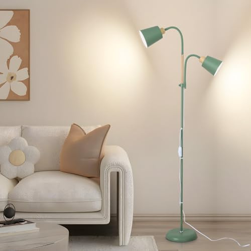 Amdelne Green Mother and Child Uplighter Floor Lamp with Reading Light, Height Adjustable Metal Corner Lamp, Double Head Dual Switch Standing Lamps for Living Room Bedroom E27 Bulbs (Not Included)
