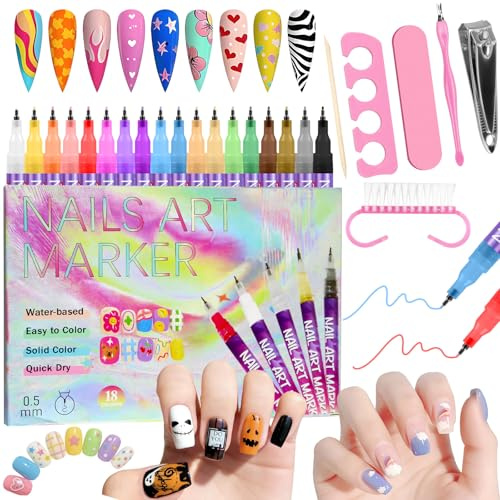 18 Colors 3D Nail Art Pens Set,DIY Quick Dry Graffiti Dotting Point Liner Pens, 0.5MM Acrylic Nail Polish Pens Nail Art Markers for Gel Nails Drawing Tool for Painting Nails Nail Art for Women Girls