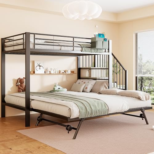 Soweiz Cama apilable, 90 x 200 cm, 180 x 200 cm, marco de hierro, diseño de cama nido multifuncional, bolsa de tela, construcciones de escalera con espacio de almacenamiento, sin colchón, negro
